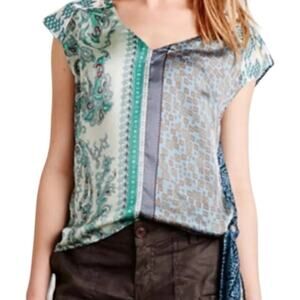 Anthropologie Tiny Kumiko Top Womens XS Mixed Print Tie Waist Blue Boho